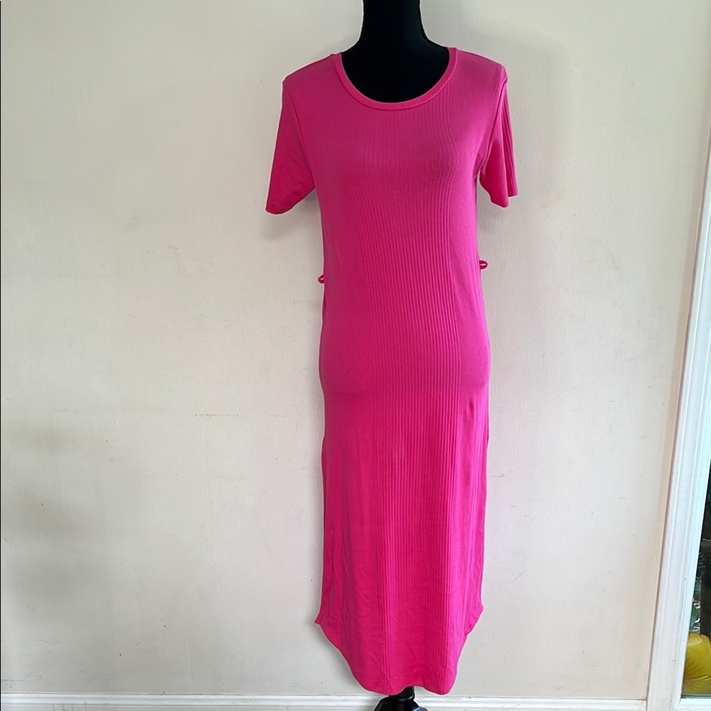 Anthropologie Pink Sheath Midi Dress Short Sleeve Crew Neck